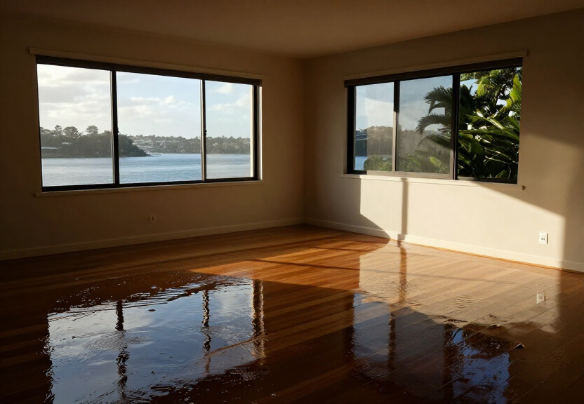 Flood-damaged living room in Windsor before restoration